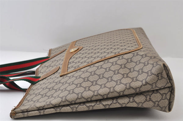 Authentic GUCCI Web Sherry Line GG Plus Tote Bag GG PVC Leather Brown 0320J