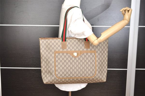 Authentic GUCCI Web Sherry Line GG Plus Tote Bag GG PVC Leather Brown 0320J