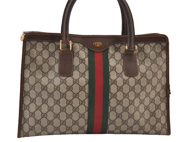 Authentic GUCCI Web Sherry Line Shoulder Hand Bag GG PVC Leather Brown 0321J