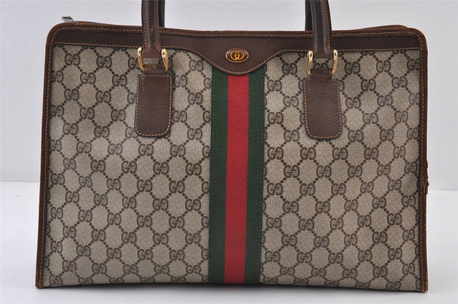 Authentic GUCCI Web Sherry Line Shoulder Hand Bag GG PVC Leather Brown 0321J