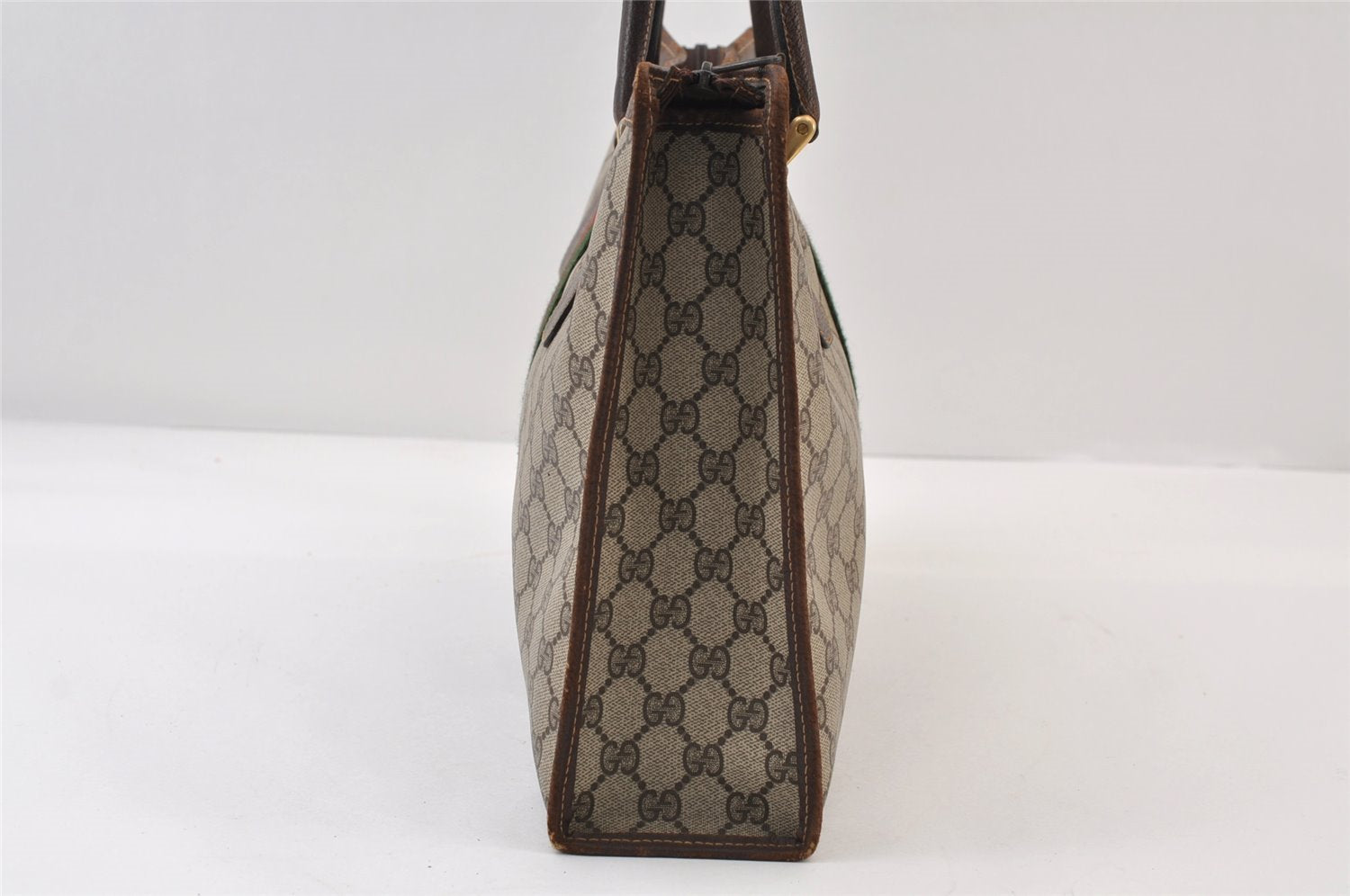 Authentic GUCCI Web Sherry Line Shoulder Hand Bag GG PVC Leather Brown 0321J