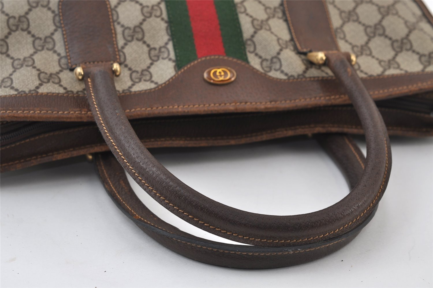 Authentic GUCCI Web Sherry Line Shoulder Hand Bag GG PVC Leather Brown 0321J