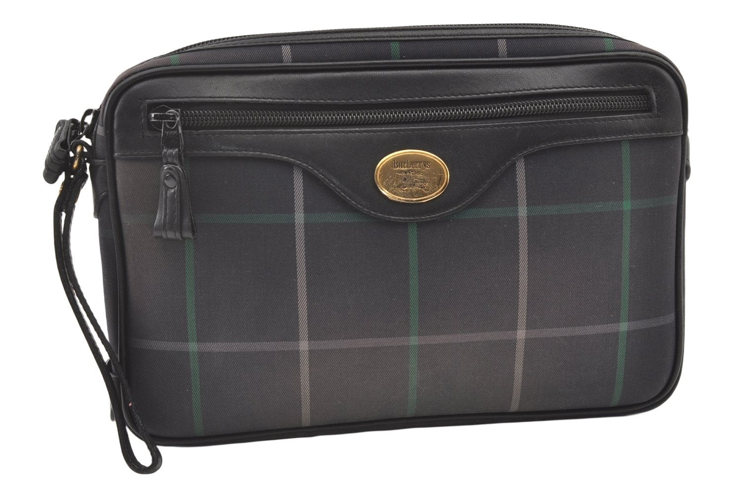 Authentic Burberrys Check Clutch Hand Bag Purse Canvas Leather Navy Blue 0321K