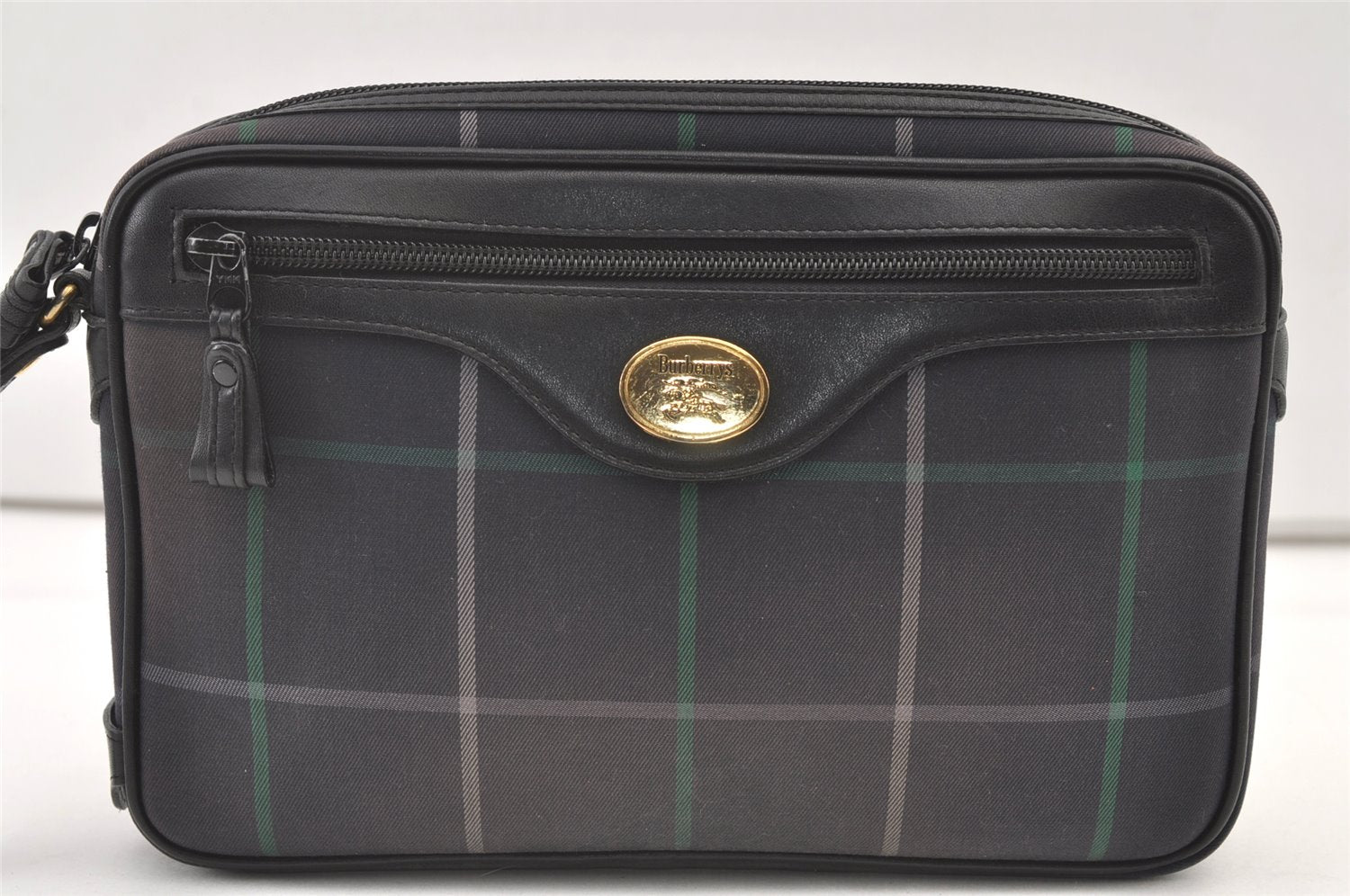 Authentic Burberrys Check Clutch Hand Bag Purse Canvas Leather Navy Blue 0321K
