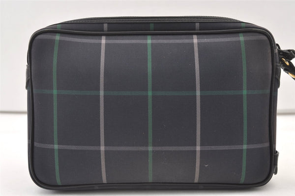 Authentic Burberrys Check Clutch Hand Bag Purse Canvas Leather Navy Blue 0321K