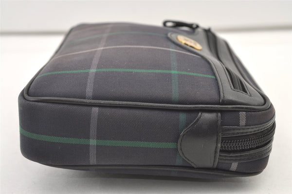 Authentic Burberrys Check Clutch Hand Bag Purse Canvas Leather Navy Blue 0321K