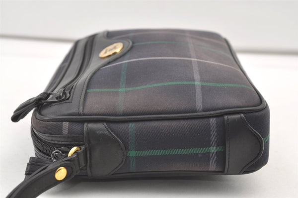 Authentic Burberrys Check Clutch Hand Bag Purse Canvas Leather Navy Blue 0321K
