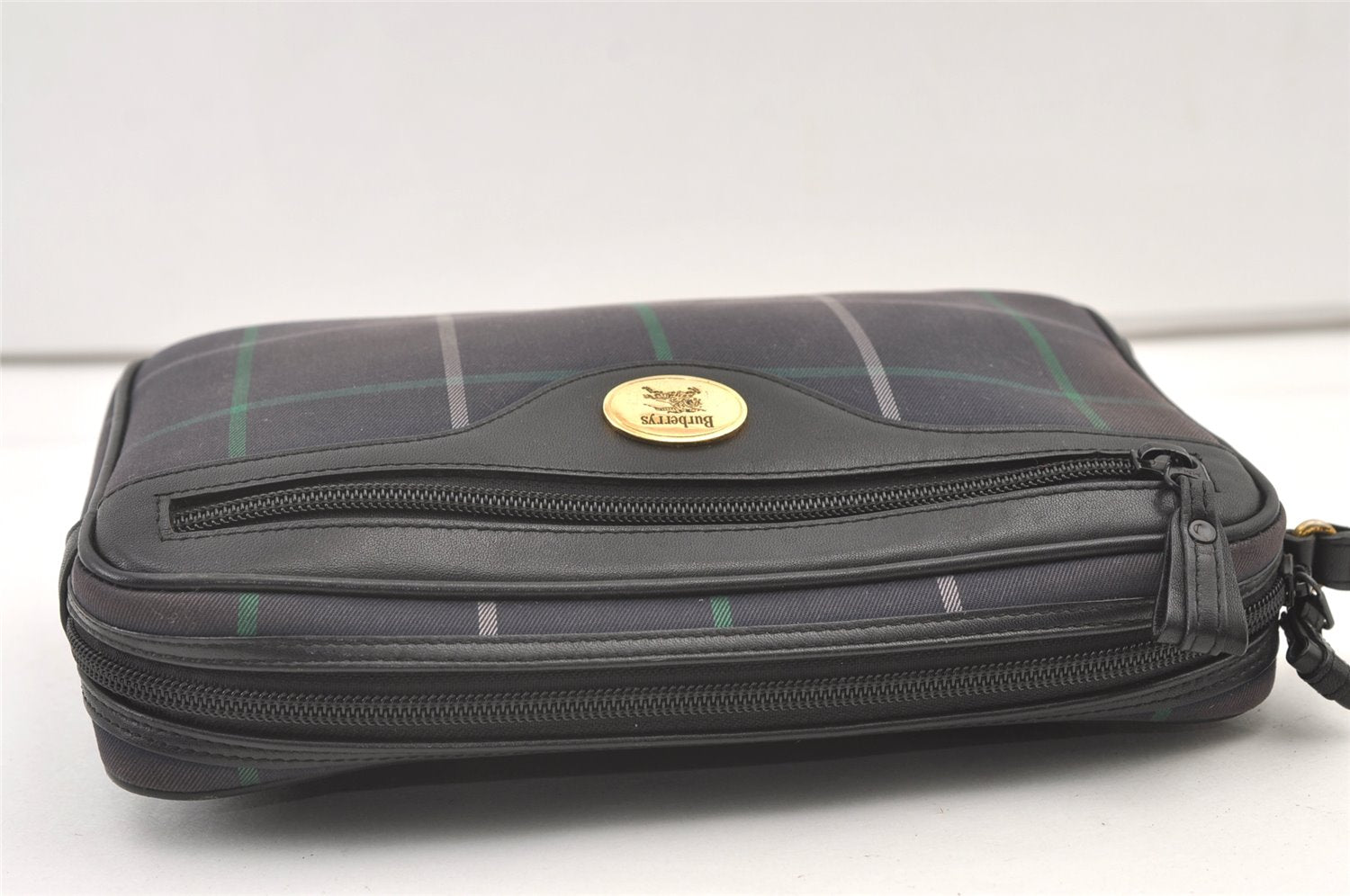 Authentic Burberrys Check Clutch Hand Bag Purse Canvas Leather Navy Blue 0321K