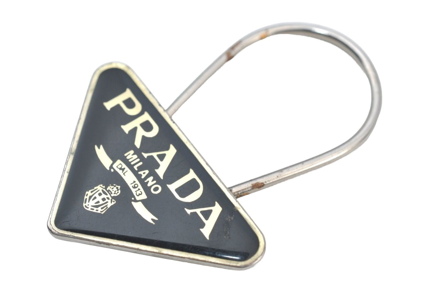 Authentic PRADA Vintage Metal Logo Key Ring Charm Black 0325H