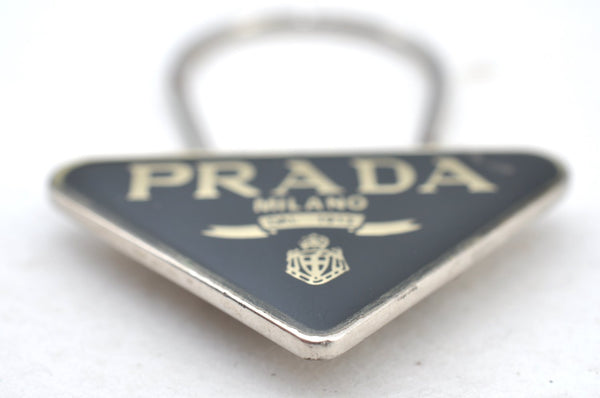 Authentic PRADA Vintage Metal Logo Key Ring Charm Black 0325H