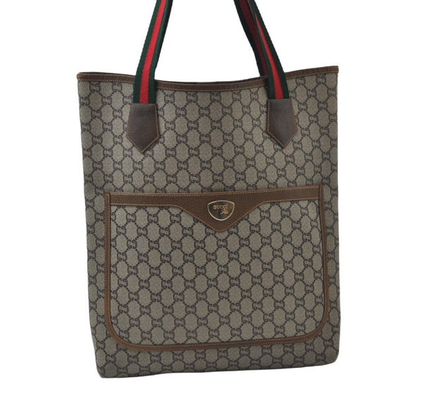 Authentic GUCCI Web Sherry Line GG Plus Tote Bag GG PVC Leather Brown 0328J