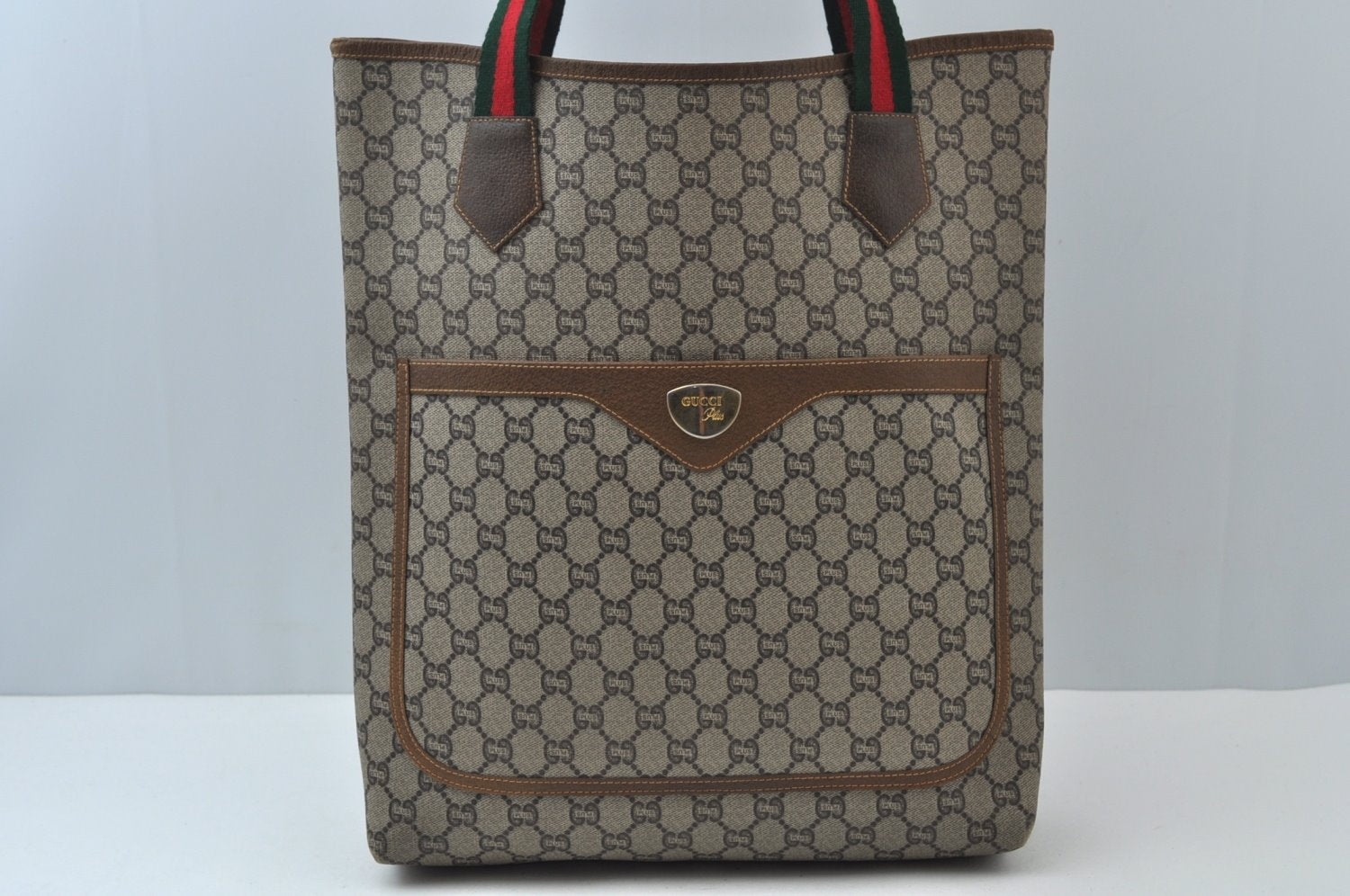 Authentic GUCCI Web Sherry Line GG Plus Tote Bag GG PVC Leather Brown 0328J