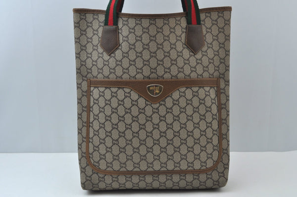 Authentic GUCCI Web Sherry Line GG Plus Tote Bag GG PVC Leather Brown 0328J