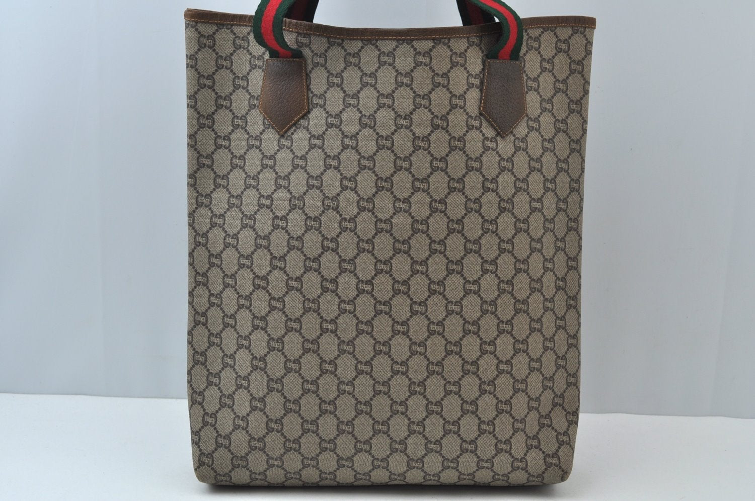 Authentic GUCCI Web Sherry Line GG Plus Tote Bag GG PVC Leather Brown 0328J