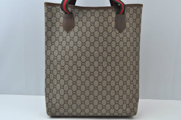 Authentic GUCCI Web Sherry Line GG Plus Tote Bag GG PVC Leather Brown 0328J