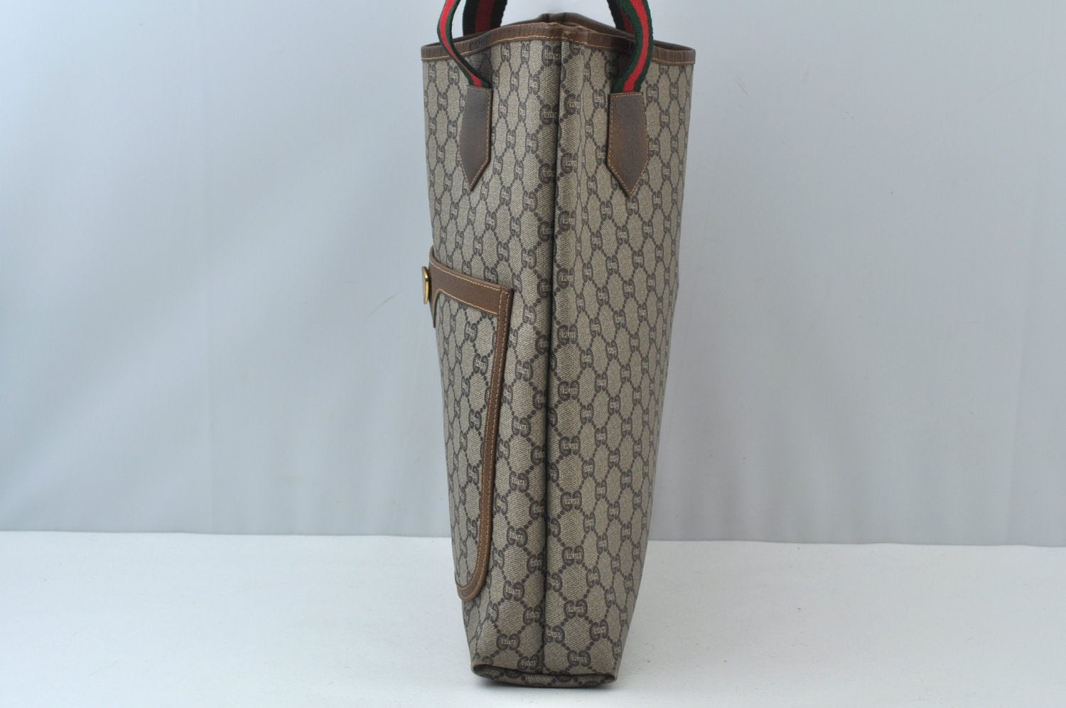 Authentic GUCCI Web Sherry Line GG Plus Tote Bag GG PVC Leather Brown 0328J