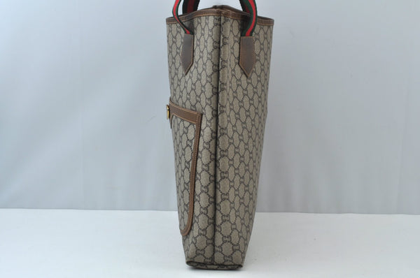 Authentic GUCCI Web Sherry Line GG Plus Tote Bag GG PVC Leather Brown 0328J