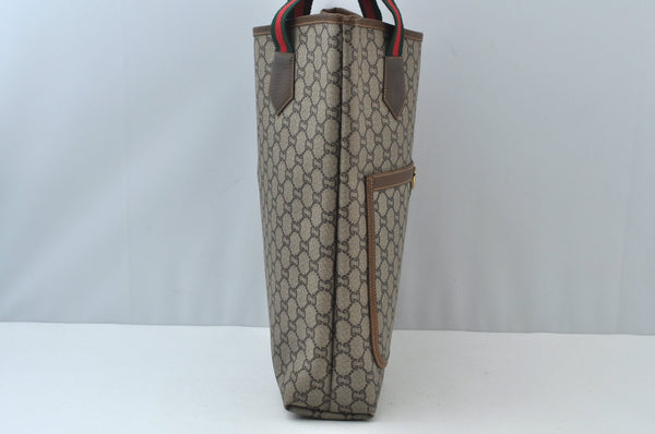 Authentic GUCCI Web Sherry Line GG Plus Tote Bag GG PVC Leather Brown 0328J