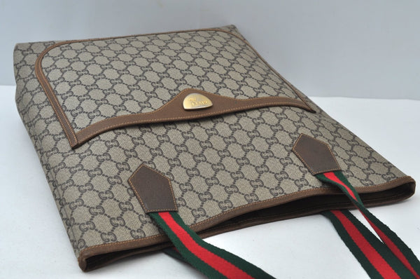 Authentic GUCCI Web Sherry Line GG Plus Tote Bag GG PVC Leather Brown 0328J