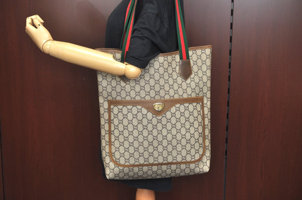 Authentic GUCCI Web Sherry Line GG Plus Tote Bag GG PVC Leather Brown 0328J
