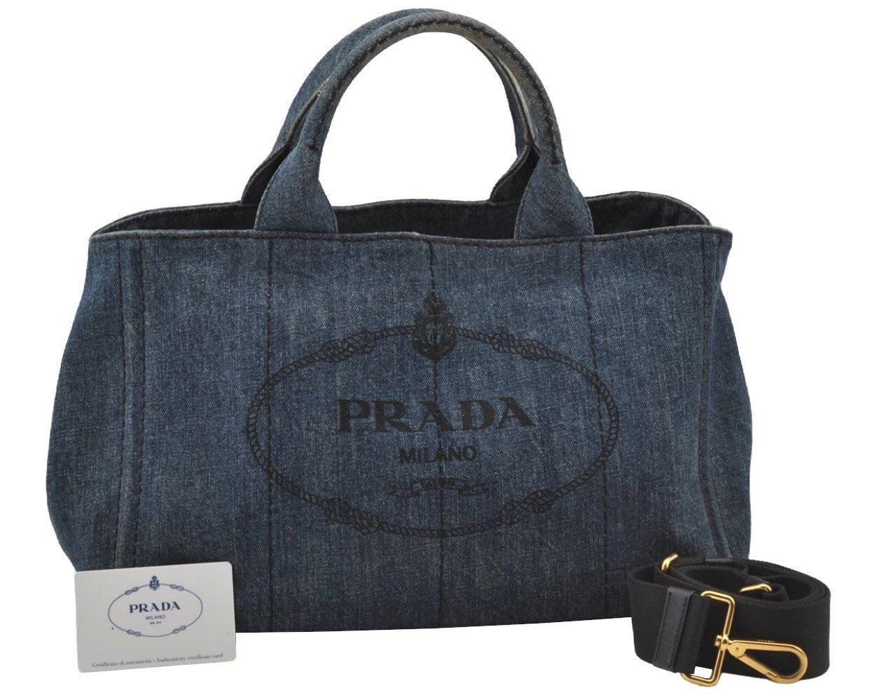 Authentic PRADA Vintage Canapa M Denim 2Way Shoulder Tote Bag 1BG642 Blue 0331J