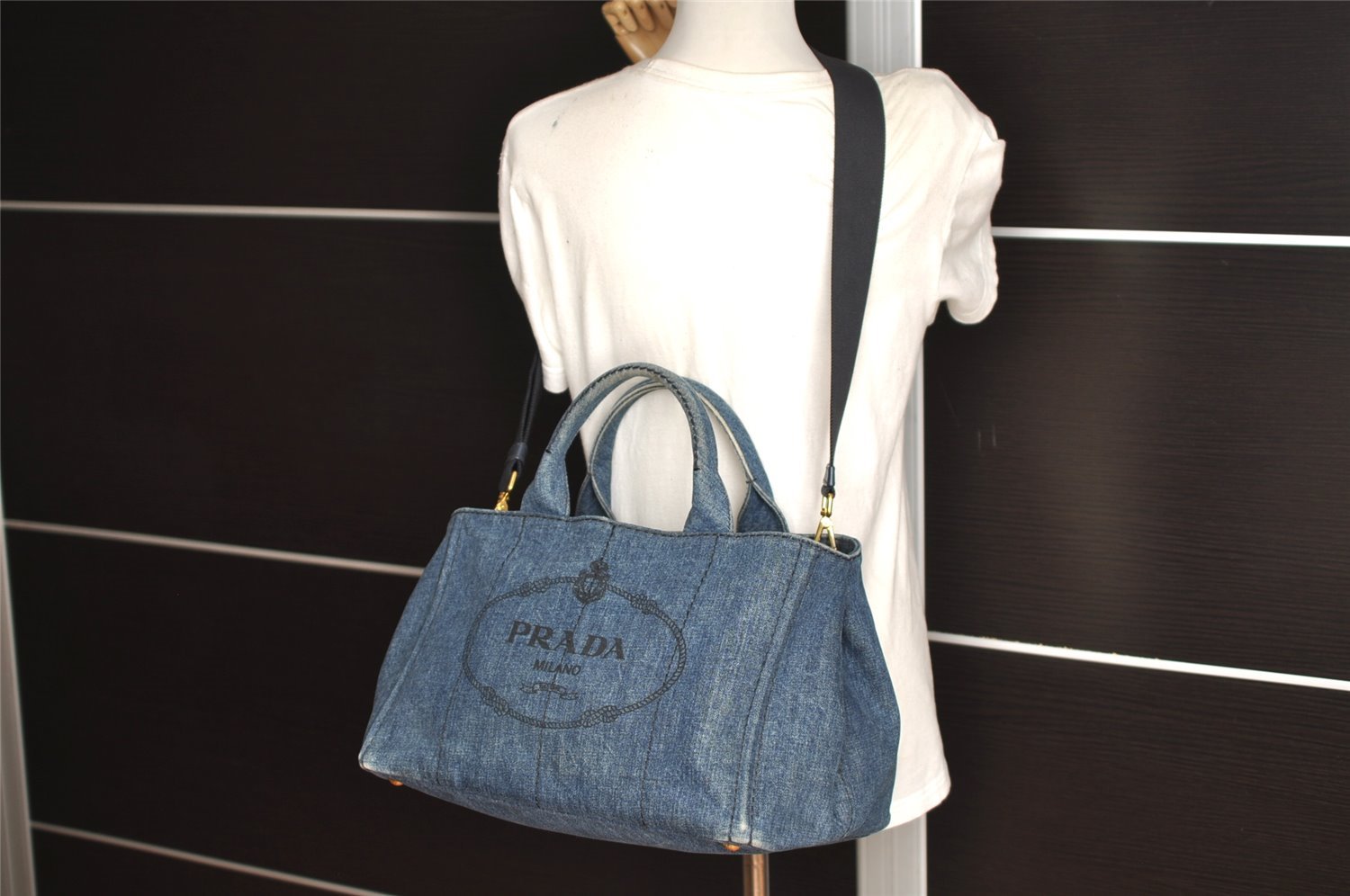 Authentic PRADA Vintage Canapa M Denim 2Way Shoulder Tote Bag 1BG642 Blue 0331J