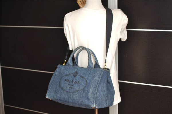 Authentic PRADA Vintage Canapa M Denim 2Way Shoulder Tote Bag 1BG642 Blue 0331J
