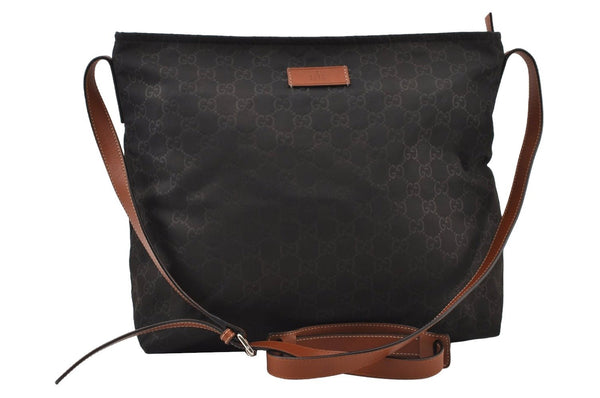 Authentic GUCCI Shoulder Cross Body Bag GG Nylon Leather 308840 Dark Brown 0332J