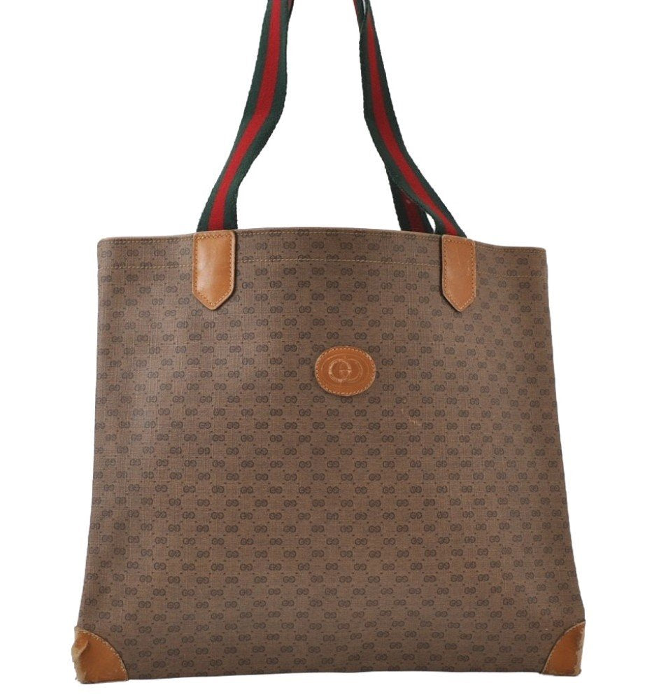 Authentic GUCCI Web Sherry Line Micro GG Tote Bag PVC Leather Brown 0333J
