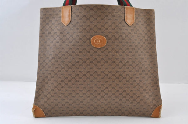 Authentic GUCCI Web Sherry Line Micro GG Tote Bag PVC Leather Brown 0333J