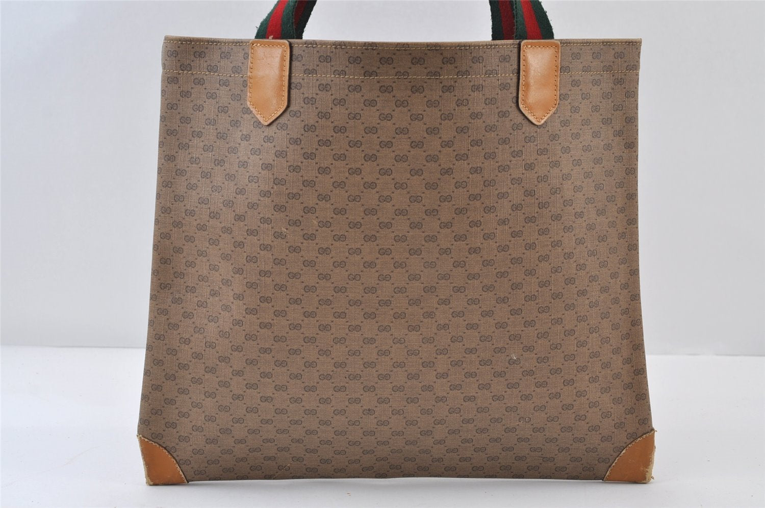 Authentic GUCCI Web Sherry Line Micro GG Tote Bag PVC Leather Brown 0333J