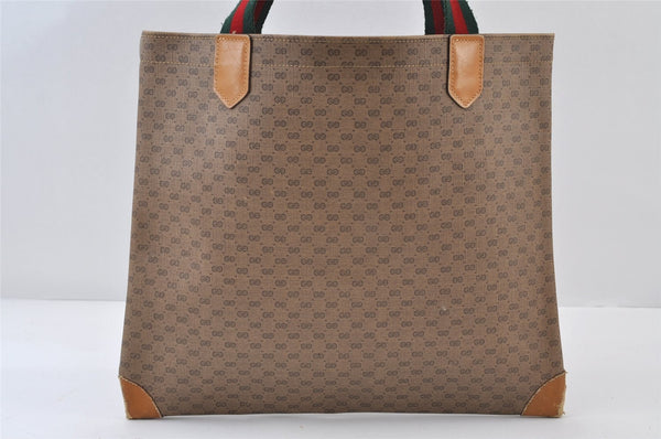 Authentic GUCCI Web Sherry Line Micro GG Tote Bag PVC Leather Brown 0333J