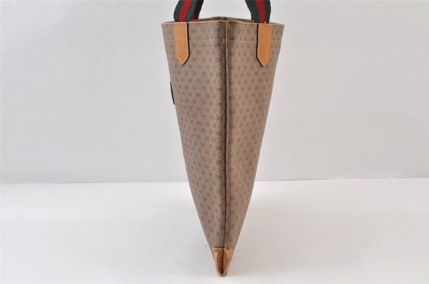Authentic GUCCI Web Sherry Line Micro GG Tote Bag PVC Leather Brown 0333J