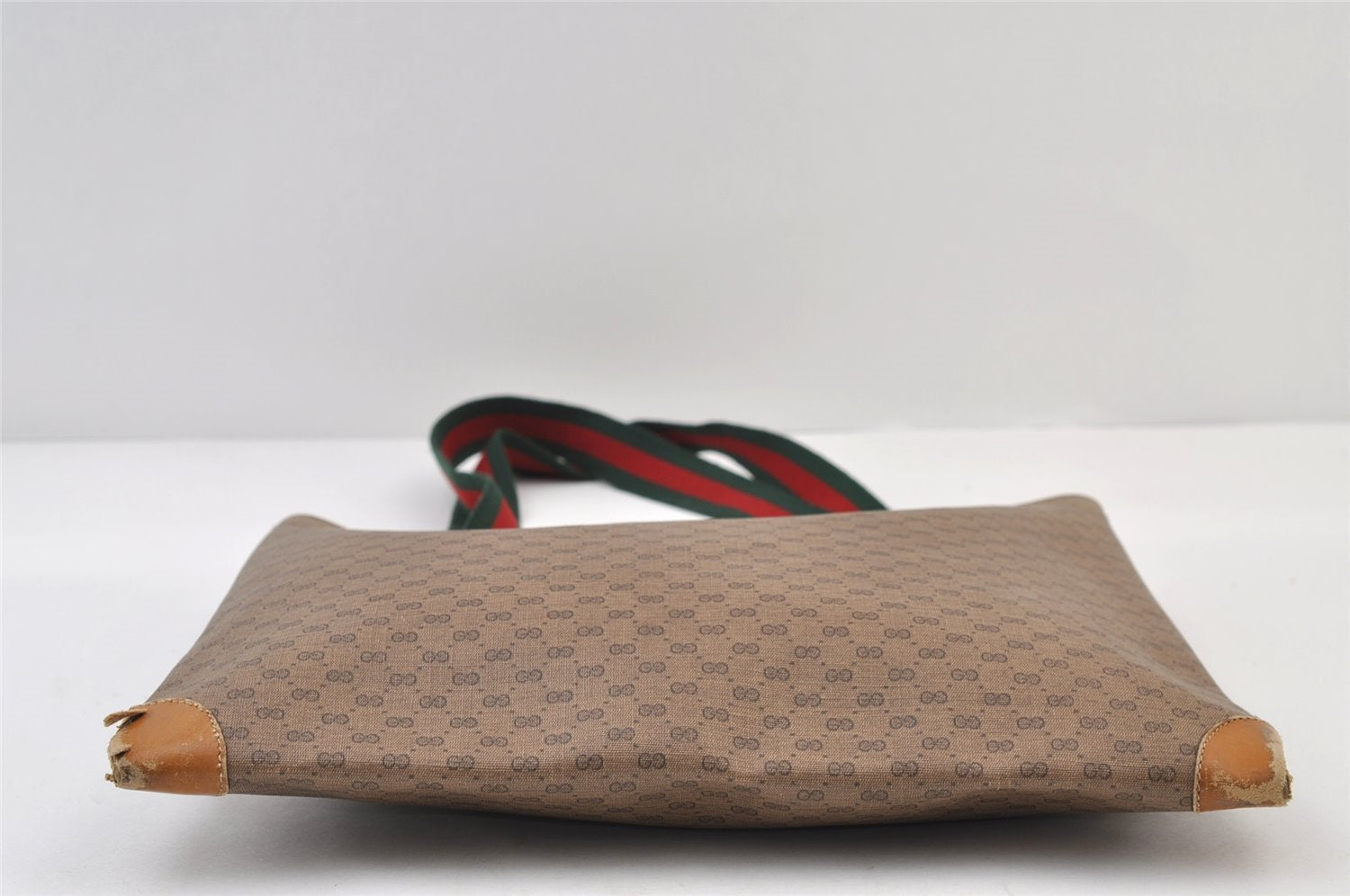 Authentic GUCCI Web Sherry Line Micro GG Tote Bag PVC Leather Brown 0333J