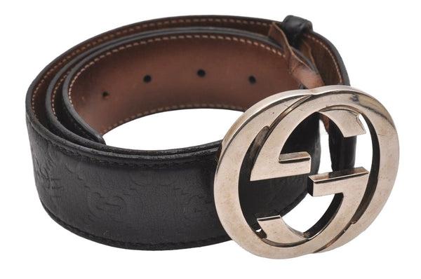 Auth GUCCI Guccissima Interlocking Belt GG Leather 80cm 31.5" 114984 Black 0335J