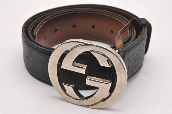 Auth GUCCI Guccissima Interlocking Belt GG Leather 80cm 31.5" 114984 Black 0335J