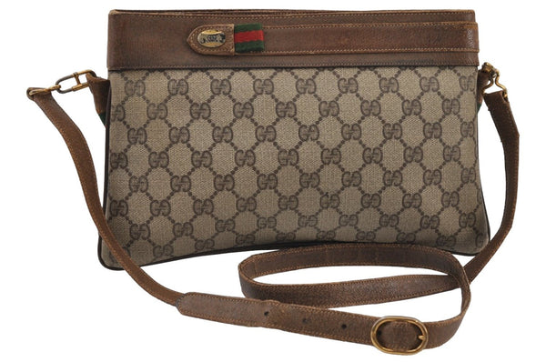 Authentic GUCCI Web Sherry Line Shoulder Cross Bag GG PVC Leather Brown 0341J