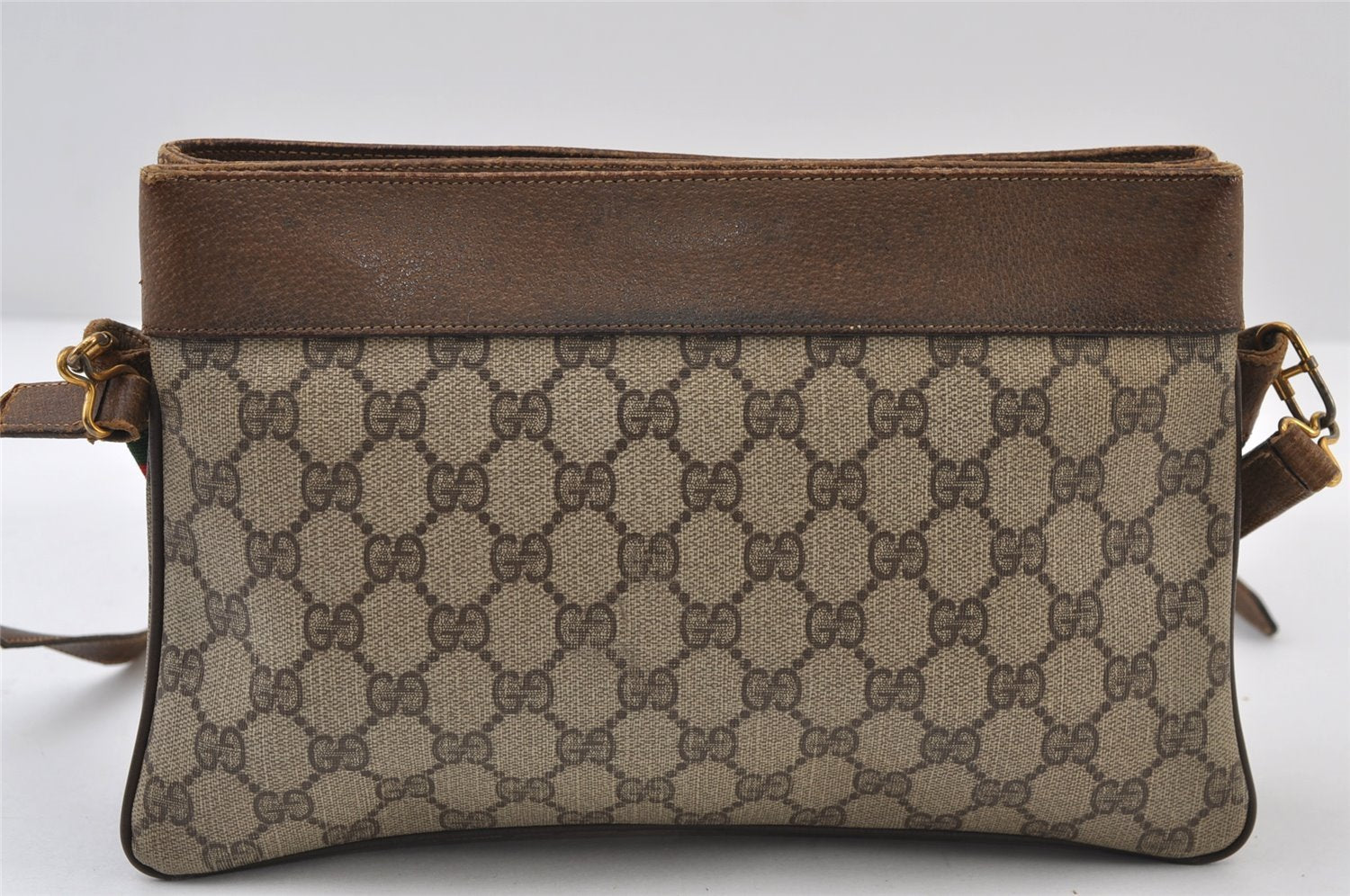 Authentic GUCCI Web Sherry Line Shoulder Cross Bag GG PVC Leather Brown 0341J
