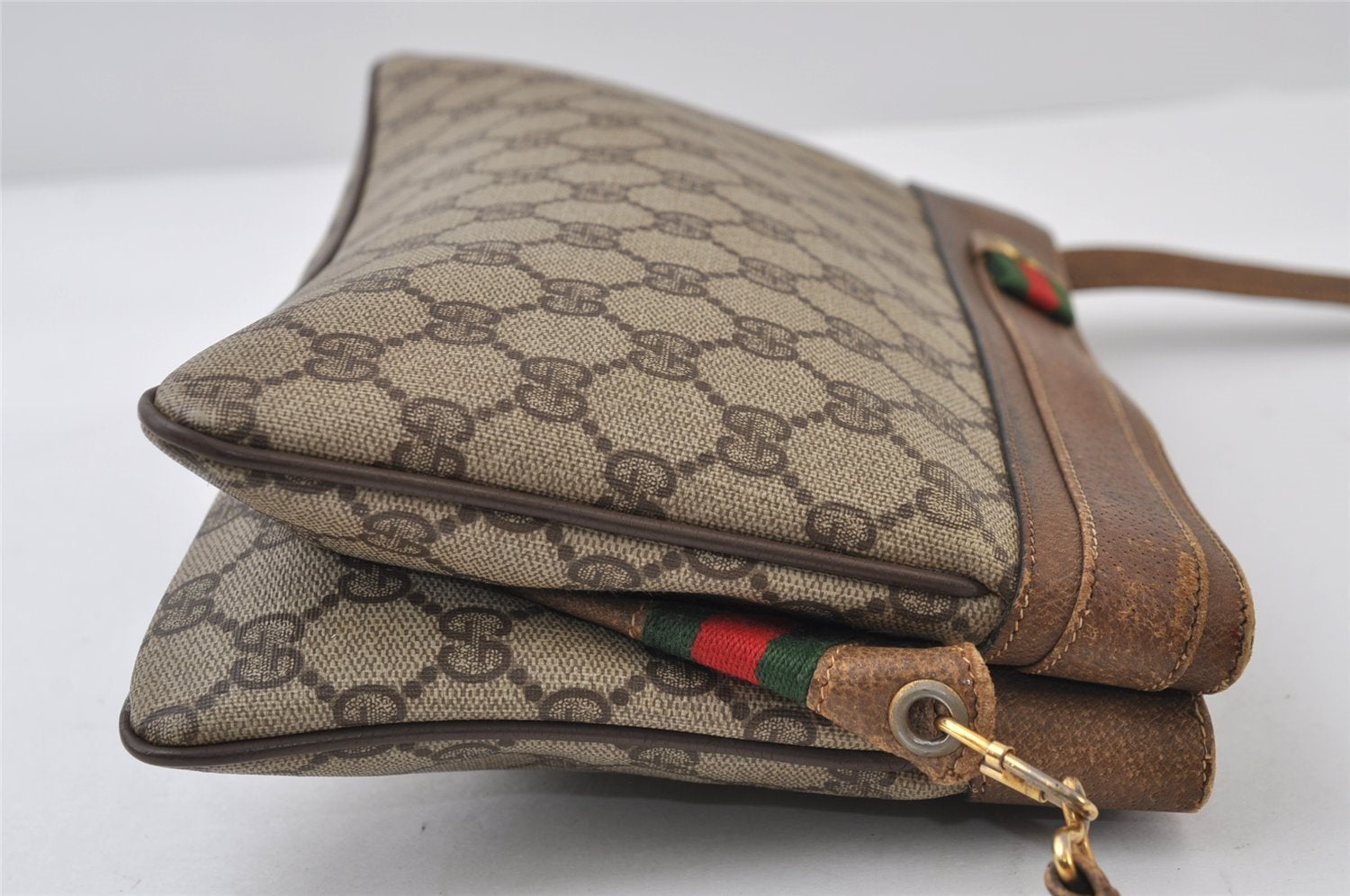 Authentic GUCCI Web Sherry Line Shoulder Cross Bag GG PVC Leather Brown 0341J