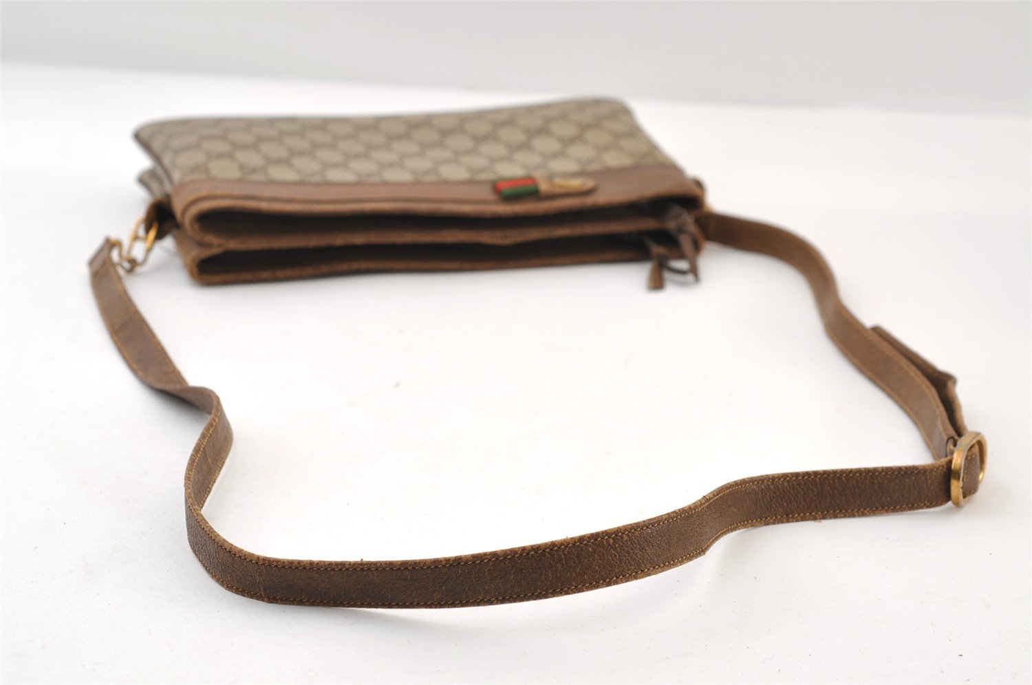 Authentic GUCCI Web Sherry Line Shoulder Cross Bag GG PVC Leather Brown 0341J