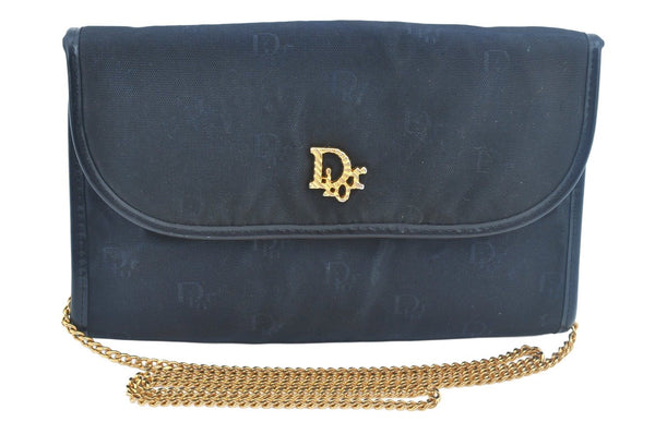 Auth Christian Dior Chain Shoulder Cross Body Bag Purse Nylon Leather Navy 0344J