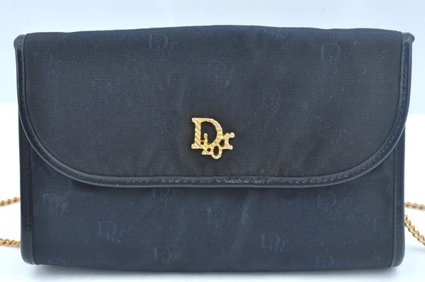 Auth Christian Dior Chain Shoulder Cross Body Bag Purse Nylon Leather Navy 0344J