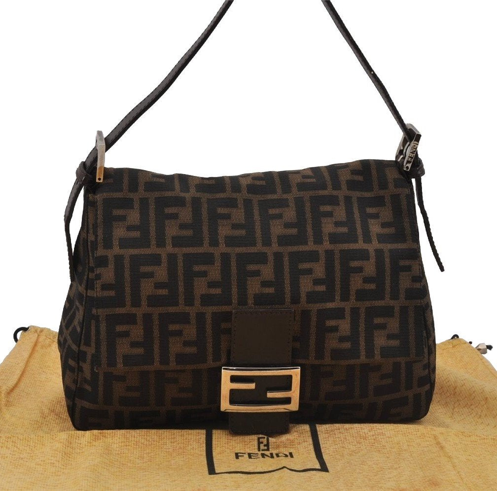 Authentic FENDI Zucca Mamma Baguette Shoulder Bag Canvas Leather Brown 0347J