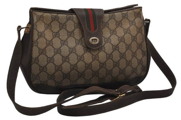 Authentic GUCCI Web Sherry Line Shoulder Bag GG PVC Leather Brown Junk 0348K