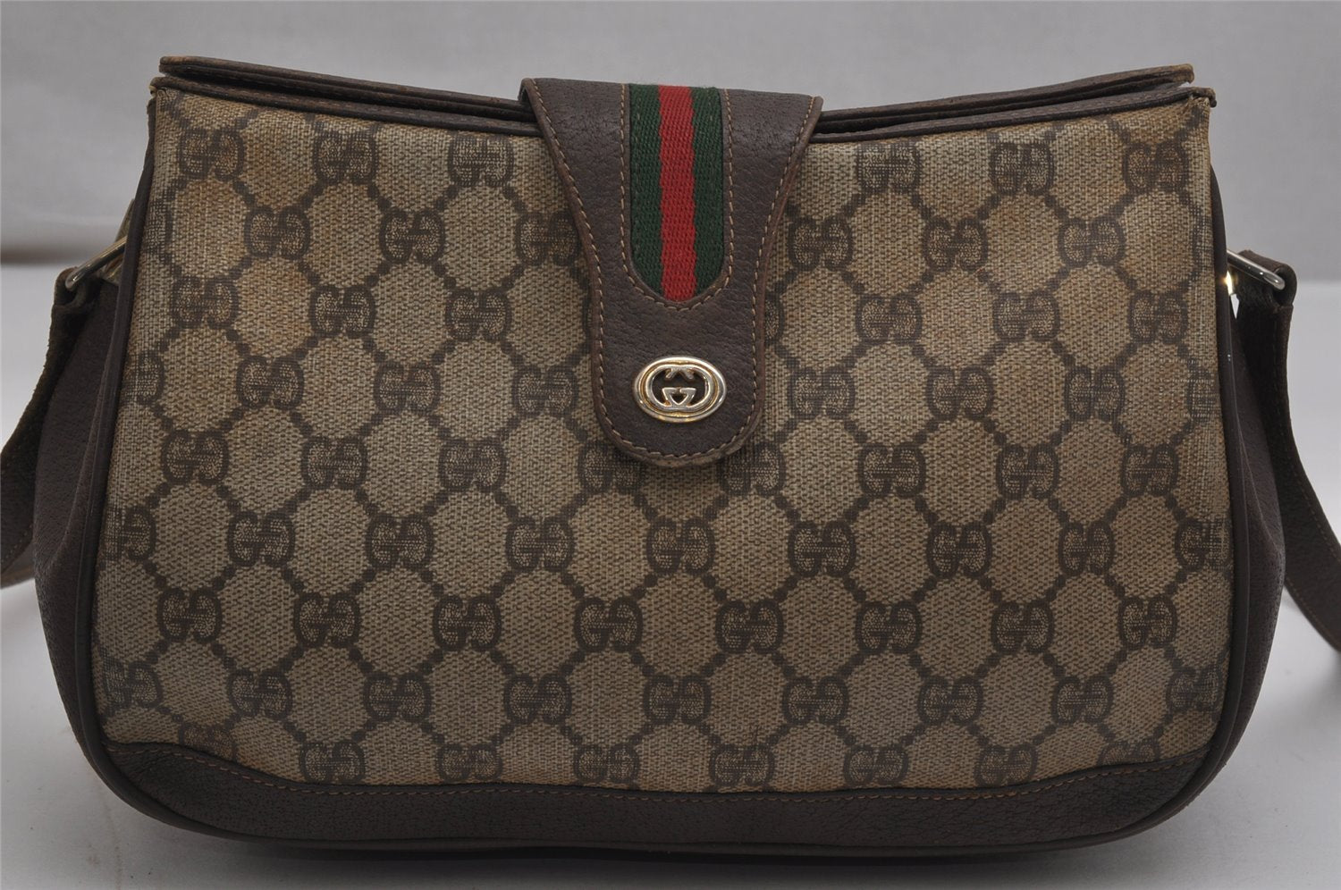 Authentic GUCCI Web Sherry Line Shoulder Bag GG PVC Leather Brown Junk 0348K