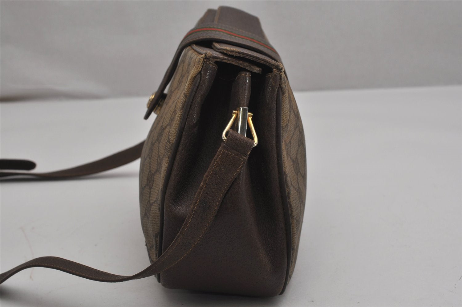 Authentic GUCCI Web Sherry Line Shoulder Bag GG PVC Leather Brown Junk 0348K