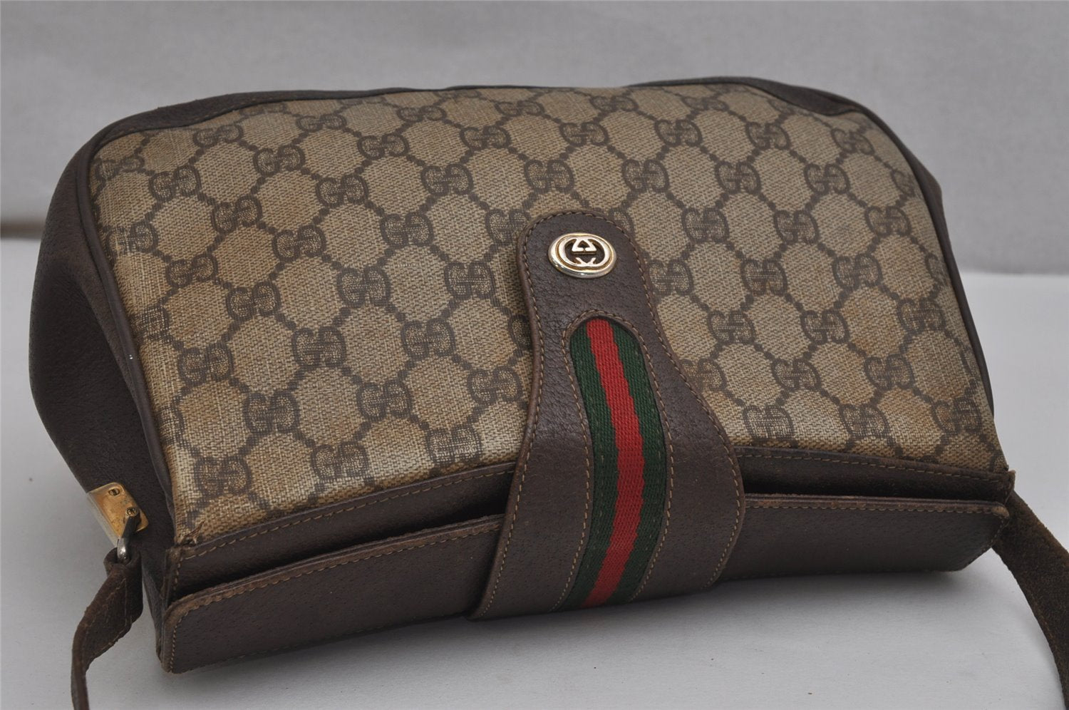 Authentic GUCCI Web Sherry Line Shoulder Bag GG PVC Leather Brown Junk 0348K