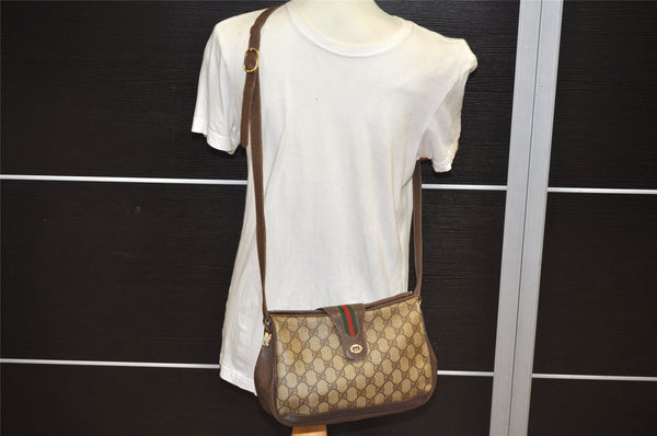Authentic GUCCI Web Sherry Line Shoulder Bag GG PVC Leather Brown Junk 0348K