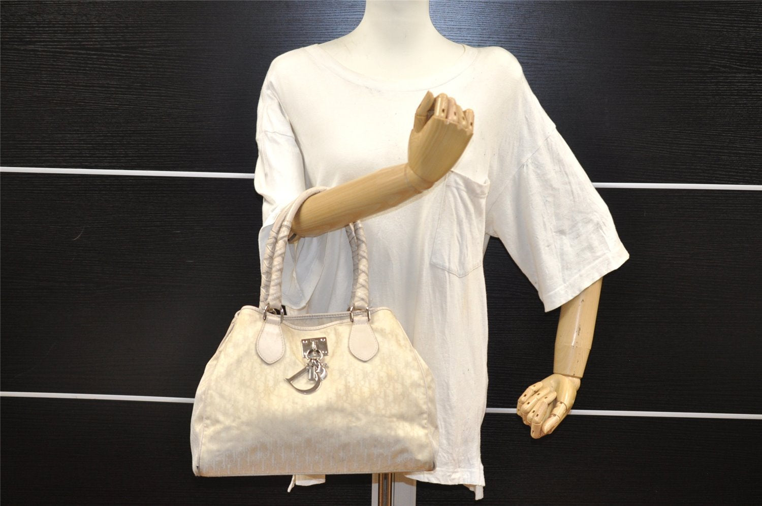 Authentic Christian Dior Trotter Lovely Tote Hand Bag Nylon Leather White 0353I
