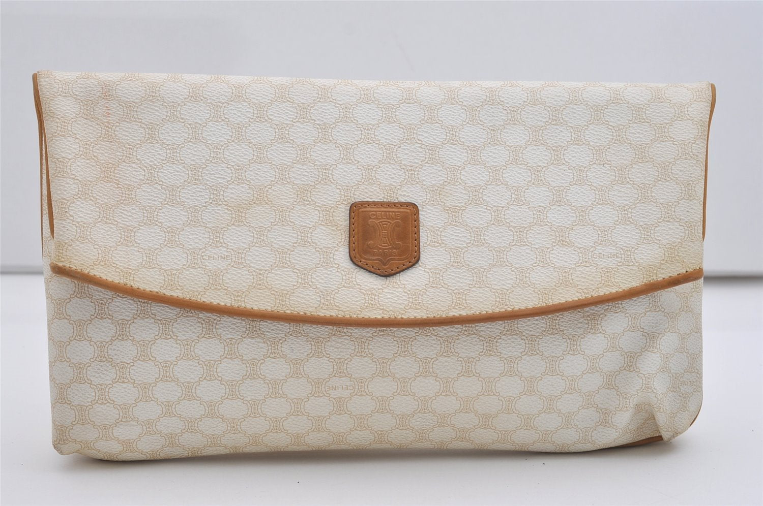 Authentic CELINE Macadam Blason Pattern Clutch Hand Bag PVC Leather White 0354J